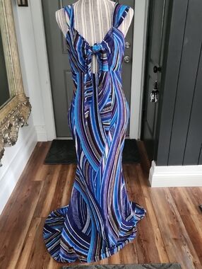 Blue Multi-Stripe Sleeveless Maxi Dress with Front Tie